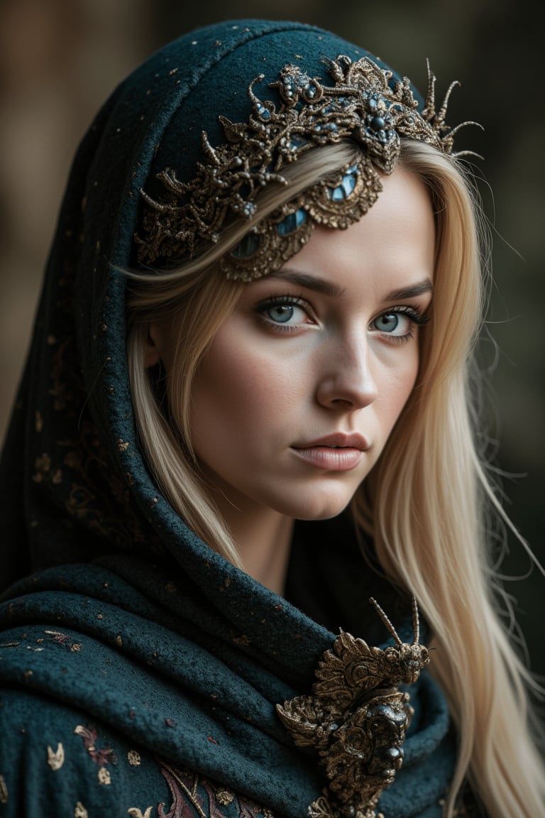 (((dramatic photography))), (award-winning mastepiece), incredible detail, deep textures, ((medieval world)), portrait, woman, blonde, delicately decorated cloak, close to nature, one with nature, melancholy, dramatic light, translucent insect wings, ultra-Realistic, intricate details, dark Fantasy, 

photo r3al, more detail XL, Wonder of Beauty