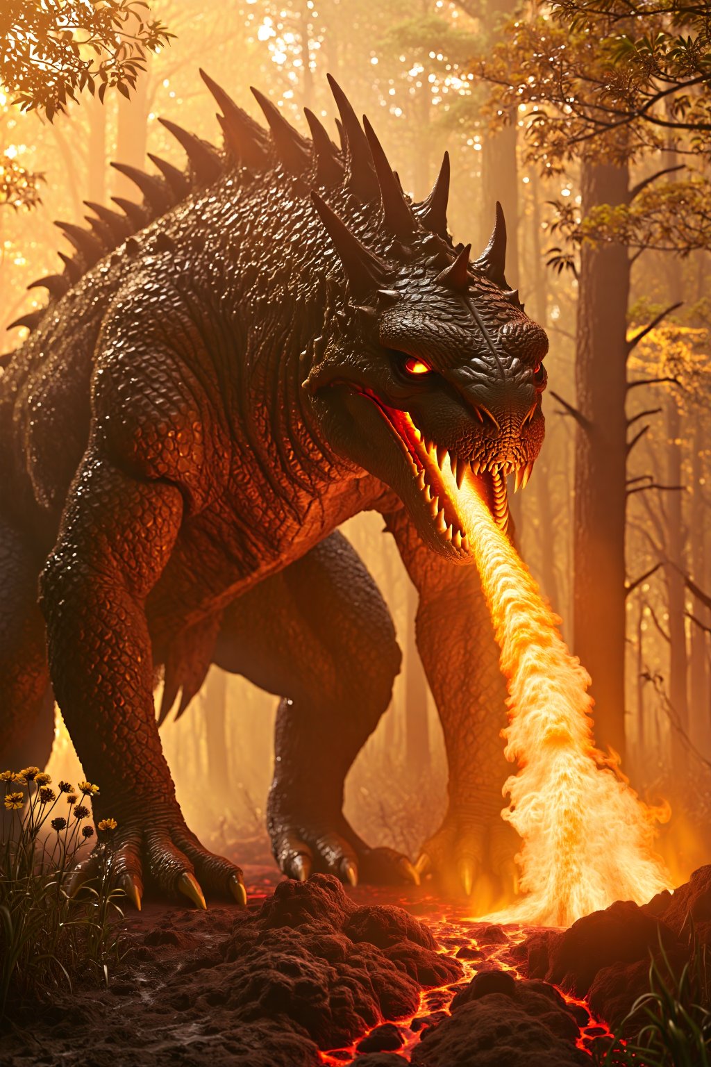 A solo (((fire breathing))), gargantuan elemental creature, spewing a stream of fire from its mouth toward the earth below, covered in molten lava, scorched earth where it breathes fire. The creature's skin is textured, scales, ((fire coming from inside its mouth to the ground)). The creature is evil and has a natural appearance. The eyes are translucent, evil and glossy. In a fiery, inferno forest with golden sunlight filtering through the trees, illuminating the few delicate wildflowers and grass that have not burned yet. Photorealistic, enchanted environment, realism