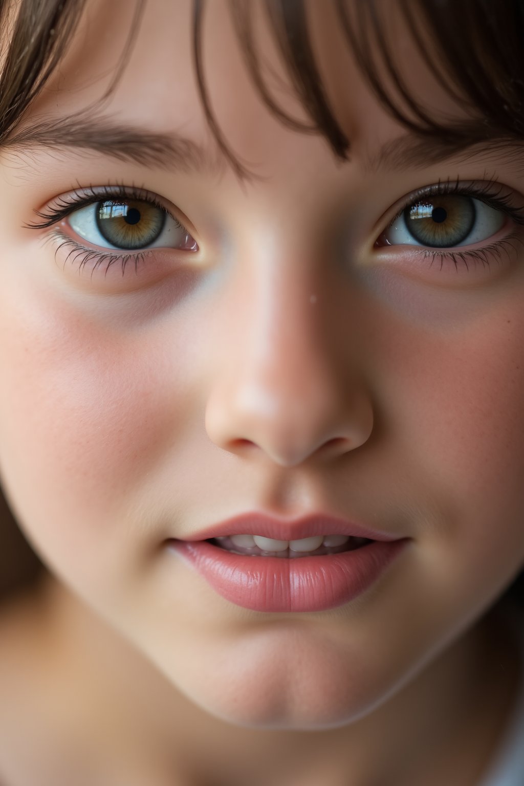 Focus on a close-up of the girl's face, capturing every detail of her eyes, lips, and skin. Use a shallow depth of field to blur the background, drawing all attention to her expression and features. The lighting should be soft and flattering, enhancing her natural beauty.