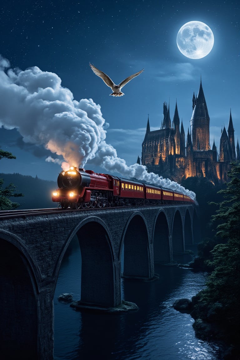 A breathtaking, magical night scene of the Hogwarts Express as it races through a moonlit landscape, the deep blue sky sparkling with stars. The iconic red steam engine glows under the silvery moonlight, casting a warm, golden light from its windows as it crosses a high, arched stone viaduct. Wisps of smoke and steam spiral upward, illuminated by soft, magical glows. An owl flies gracefully alongside, its wings spread wide, feathers shimmering in the moonlight as it delivers a letter. In the distance, Hogwarts Castle towers majestically, its spires and turrets bathed in ethereal light, with warm, flickering windows reflecting off the dark lake below. The atmosphere is rich with enchantment, blending the wonder of a magical journey with the awe-inspiring presence of the legendary castle in the background.