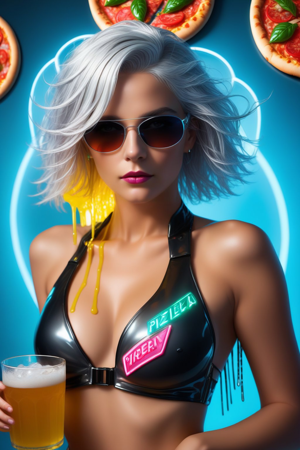 Hyperrealistic, close-up portrait of a radiant gray-haired cyberpunk girl, clad in futuristic attire and emblazoned with neon accents, holding a beaded iced glass of beer that drips onto a sizzling summer asscrain, surrounded by a whirlwind of detailed, suspended pizza slices, creating a dynamic and complex visual narrative.