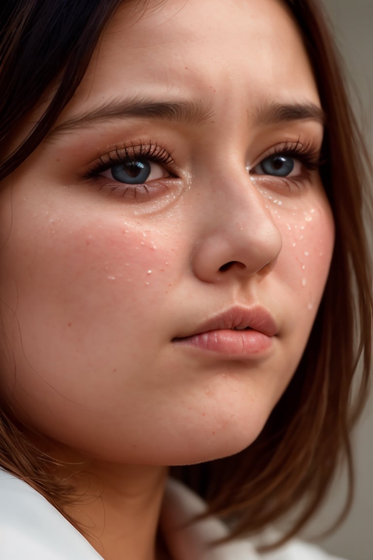 1girl, solo, looking at viewer, short hair, brown hair, closed mouth, lips, portrait, close-up, realistic, nose, crying, 30yo, straight face, Enhance