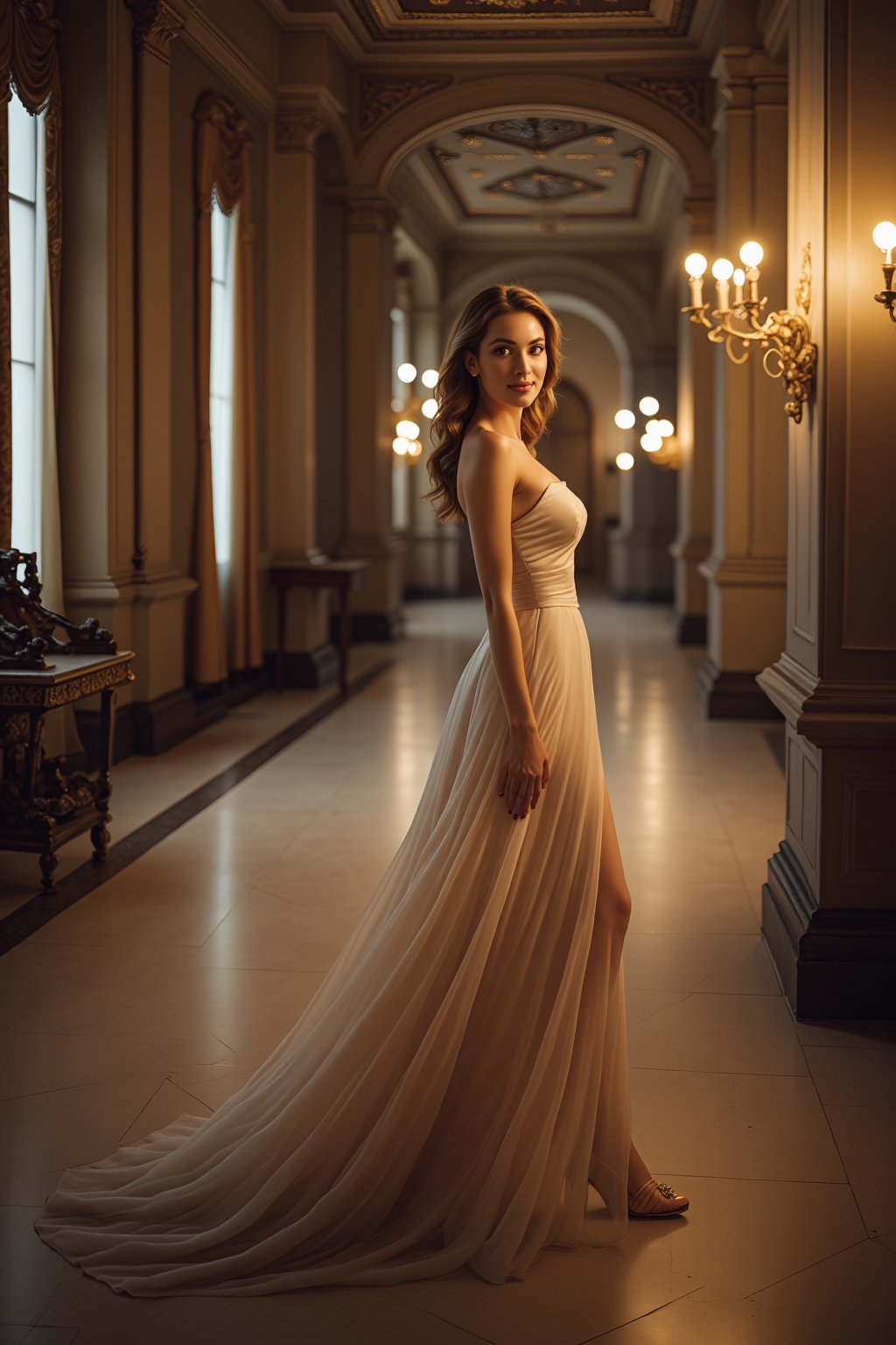 Envision a woman in a flowing, elegant dress, posed in a grand, ornate room with high ceilings and chandeliers. The lighting is dramatic, creating shadows that highlight her features. She has a serene, almost ethereal presence, with a gentle smile and a gaze that seems to pierce through the lens.