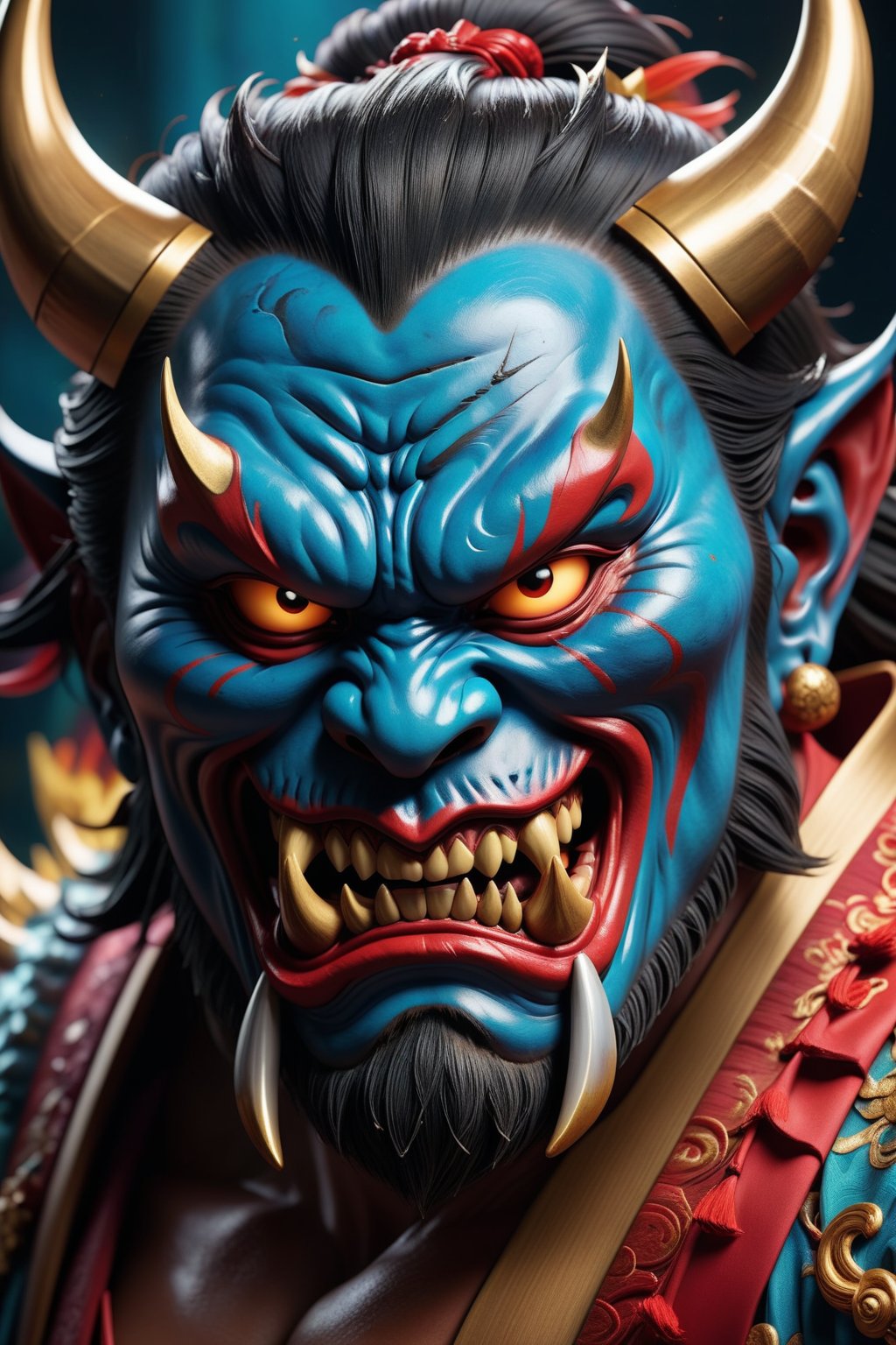 a nightmarish appearance of the evil ((mask) ), Japanese Oni culture , portrait view, highly detailed, 8k, Hyperrealistic, splash art, concept art, mid shot, intricately detailed, color depth, dramatic, 2/3 face angle, side light, colorful background. vibrant, Masterpiece, (32k), perfect anatomy, enhanced resolution, best quality, enhanced details, best artist, sharp edges, detailed textures, ((full body shot)), atmospheric lighting, visually stunning, perfect composition, trending on behance