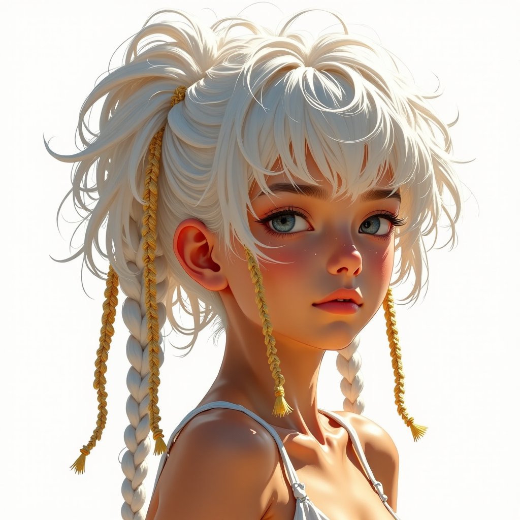 (((masterpiece))) , (((best quality))) , anime style, 2d, a stunning woman with dreadlocks adorned in shimmering gold braids stands in front of a white canvas. Her head is made of delicate silver feathers, and her eyes sparkle like diamonds as she gazes back at the viewer. key visual, in the style of BSstyle004