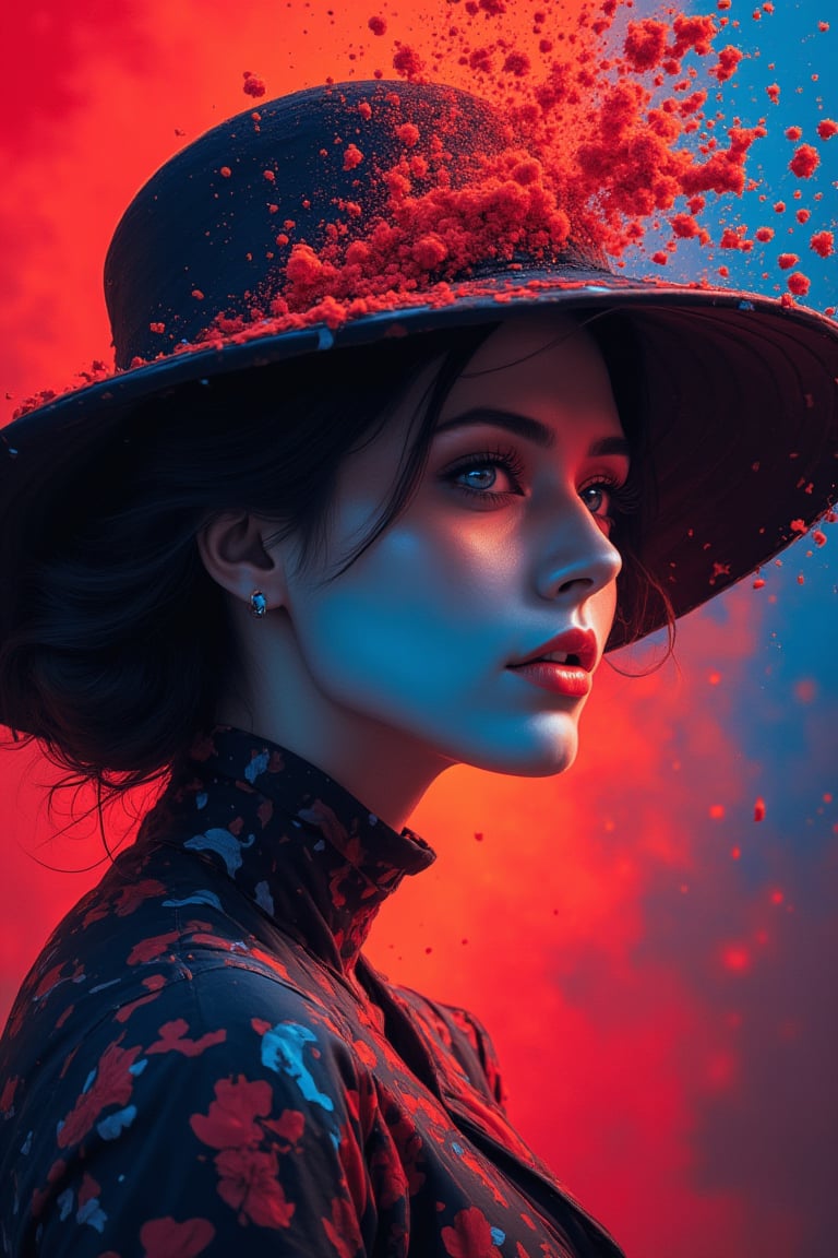 A woman wearing a wide-brimmed hat, gorgeous colors, the woman's hair breaks into small pieces and turns into powder as it moves away from her head, the abstract red background and fantastic blue gradient add to the mysteriousness, the heavy and unstructured thick brush strokes beautifully express the portrait of a woman,