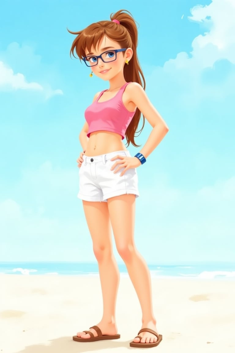 score_9, score_8_up, score_7_up, score_6_up,source_cartoon,shorts, brown_hair, sandals,solo,beach setting, white_shorts,pink  crop_top, midriff, glasses, watch,  Astrid, very long hair, blonde hair, solo, blue eyes, ponytail,one braid,smile,1girl,collarbone,rectangle  body figure, earrings, sneakers , in the style of BSstyle004