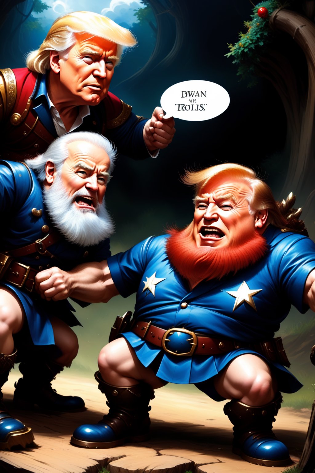 Dwarf fighting with trolls, 
Donald trump troll ,
Joe Biden dwarf,
by ake - Bitxu Comic