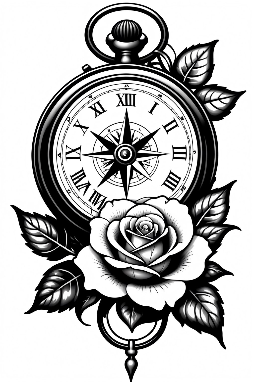 lineart tattoo design of (a vintage chain watch, a retro compass and a rose superimposed), ((drawing lines)), drawing in black and withe, thick lines, filagree, realistic, white backgroung, monster, Leonardo Style,Pencil Draw,Fashion Illustration,Flat vector art,pencil sketch