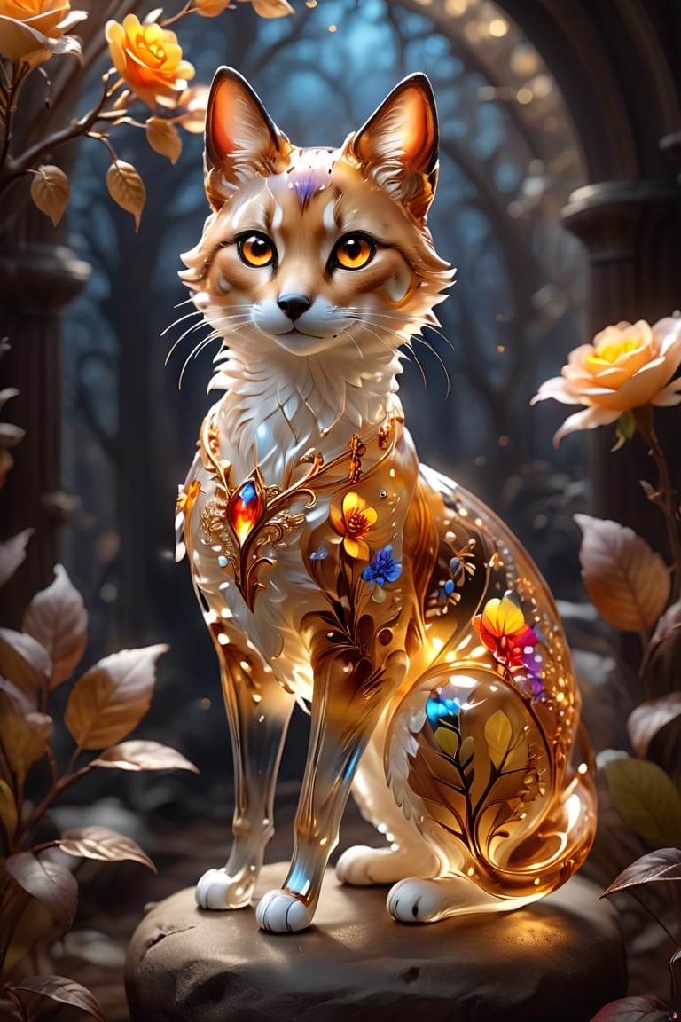 Professional portrait shot of a cat in glass knight armor in an enchanted forest. Her (face ultra realistic image of the cat's muzzle covered with fur:) 1,2 with high detail, beautiful (light brown eyes), she is stroking a cute fawn, her long copper hair fluttering in the wind, her body is made of translucent transparent glass, inside which you can see intricate delicate little flowers, her translucent glass body reflects the foliage in the surroundings, a work of beauty and complexity, warm studio lighting, golden ratio, 80mm digital photography with sharp focus on the eyes, Alberto Seveso style, inside her translucent glass body, dynamic composition, Girl dancing, glass, steampunk style, detailmaster2, amber glow, clear glass, crown of roses, flower vines in the background, closeup,Spirit Fox Pendant