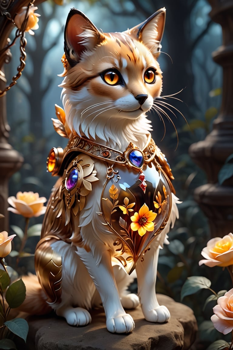 Professional portrait shot of a cat in glass knight armor in an enchanted forest. Her (face ultra realistic image of the cat's muzzle covered with fur:) 1,2 with high detail, beautiful (light brown eyes), she is stroking a cute fawn, her long copper hair fluttering in the wind, her body is made of translucent transparent glass, inside which you can see intricate delicate little flowers, her translucent glass body reflects the foliage in the surroundings, a work of beauty and complexity, warm studio lighting, golden ratio, 80mm digital photography with sharp focus on the eyes, Alberto Seveso style, inside her translucent glass body, dynamic composition, Girl dancing, glass, steampunk style, detailmaster2, amber glow, clear glass, crown of roses, flower vines in the background, closeup,Spirit Fox Pendant