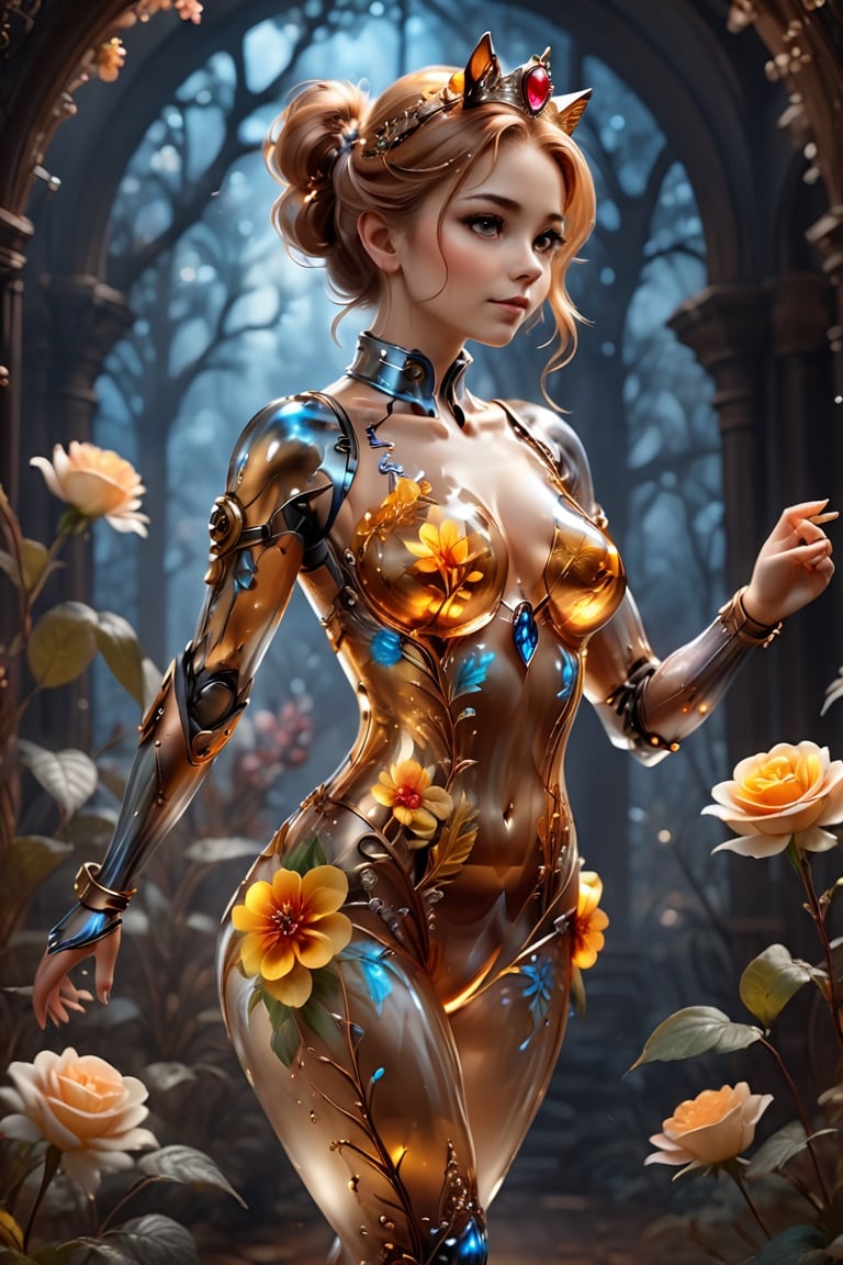 Professional portrait shot of a cat in glass knight armor in an enchanted forest. Her (face ultra realistic image of the cat's muzzle covered with fur:) 1,2 with high detail, beautiful (light brown eyes), she is stroking a cute fawn, her long copper hair fluttering in the wind, her body is made of translucent transparent glass, inside which you can see intricate delicate little flowers, her translucent glass body reflects the foliage in the surroundings, a work of beauty and complexity, warm studio lighting, golden ratio, 80mm digital photography with sharp focus on the eyes, Alberto Seveso style, inside her translucent glass body, dynamic composition, Girl dancing, glass, steampunk style, detailmaster2, amber glow, clear glass, crown of roses, flower vines in the background, closeup