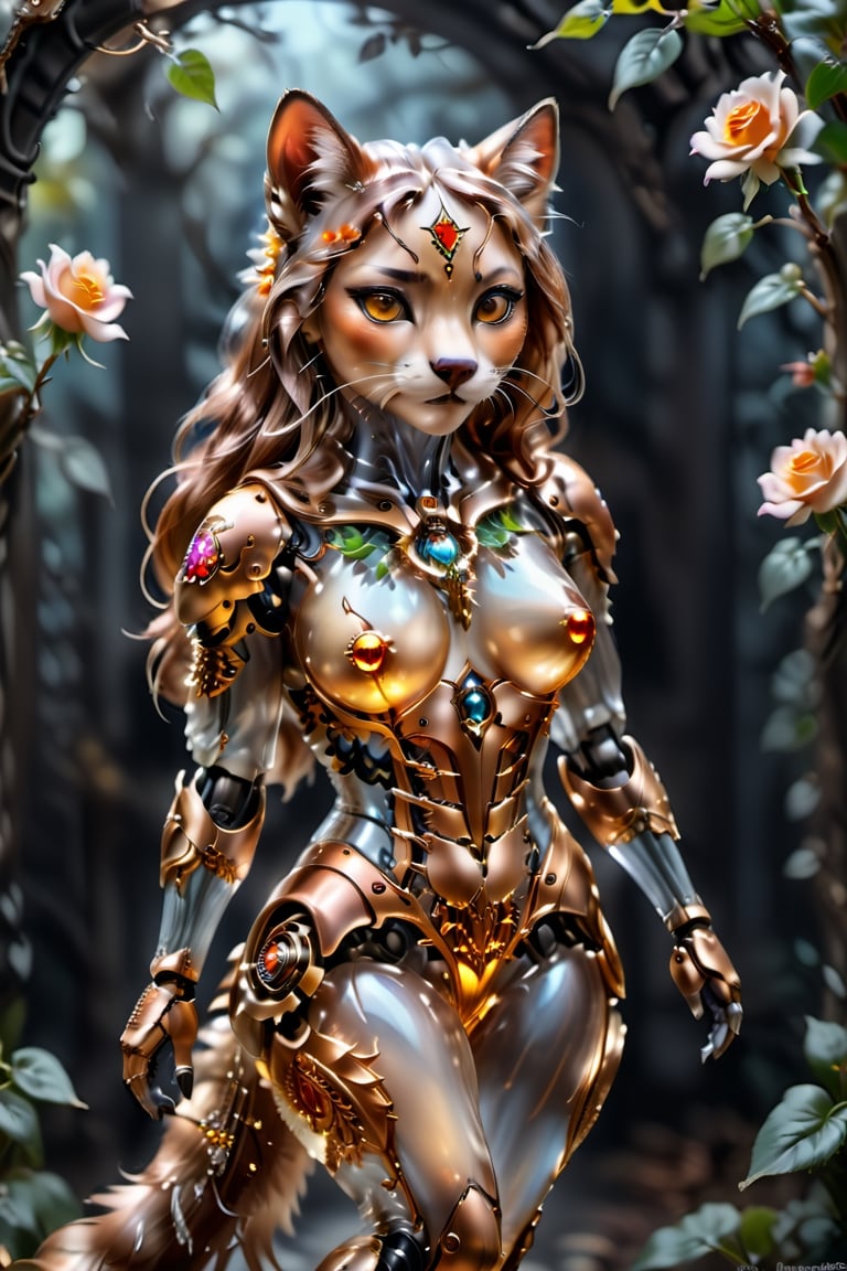 Professional portrait shooting of a cat in glass knight armor in an enchanted forest. (realistic cat mask for the whole face). Her (face, ultra-realistic image of a cat's muzzle covered with fur:) 1, 2 with high detail, beautiful (light brown eyes), ((dark brown hair)):1.5, she is stroking a cute fawn, her long copper hair is fluttering in the wind, her body is made of translucent glass, inside of which you can see intricate delicate flowers, her translucent glass body reflects the surrounding foliage, a work of beauty and complexity, warm studio lighting, golden ratio, 80 mm digital photography with a clear focus on the eyes, style by Alberto Seveso, inside its translucent glass case, dynamic composition, Dancing girl, glass, steampunk style, detailmaster2, amber glow, transparent glass, crown of roses, flower vines in the background, close-up, Spirit Fox pendant, , , , ,
,, Transparent glass skin, cat Xml_Cate, photo r3al