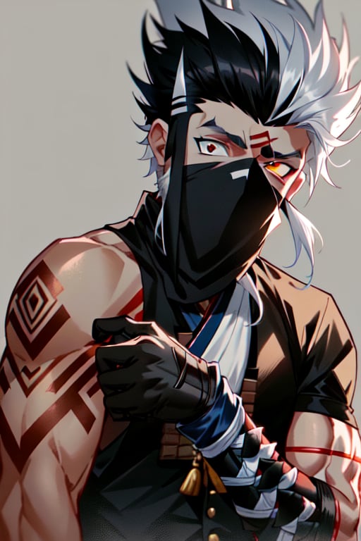 Animated, 1guy, beard, muscled, vest, white_hair, black_background, high_resolution, white_skin, black_beard, hand_gloves_white, tatto_shinobi,  red_eye, white_face, hair_black, 
White_nose, proper_face, proper mouth, blue_tint