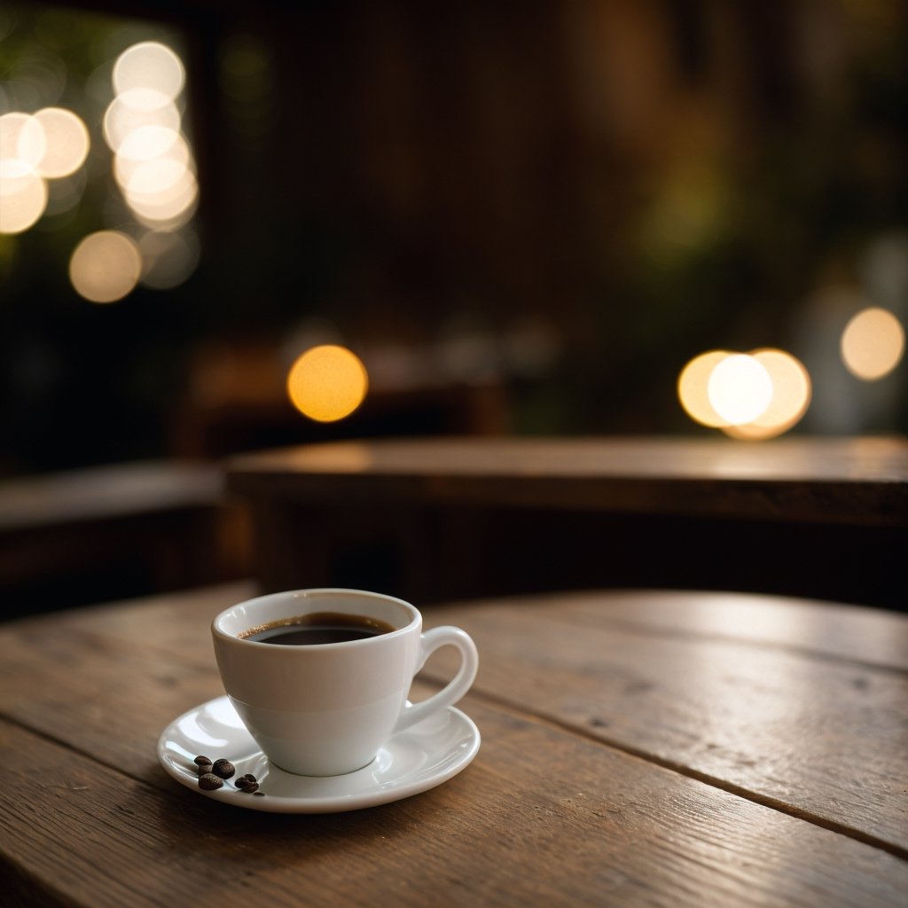 A white cup of coffee stands on a wooden table against the background of bokeh, lights, a beige book and a camomile lie nearby, beautiful atmospheric light, sharp-focus, high-quality, artistic, unique, attention to detail, realistic photography,