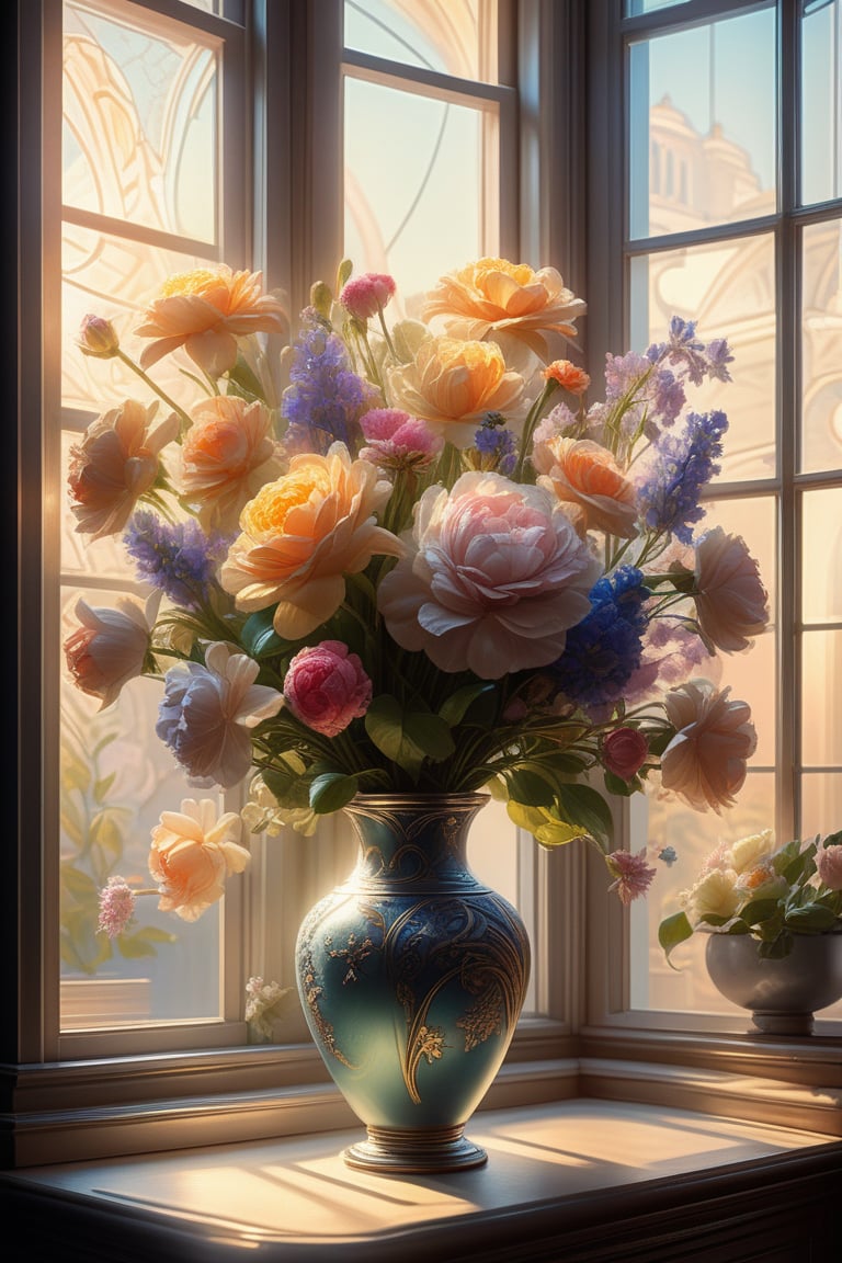 painting of a bouquet of flowers in vase, stunning detailed scene, ((window in background)), wide shot, bright soft diffused light, glow, digital painting, artstation, concept art, intricate, highly detailed, volumetric lighting, masterpiece, trending on Artstation, art by artgerm and greg rutkowski and alphonse mucha, hdr 4k, 8k