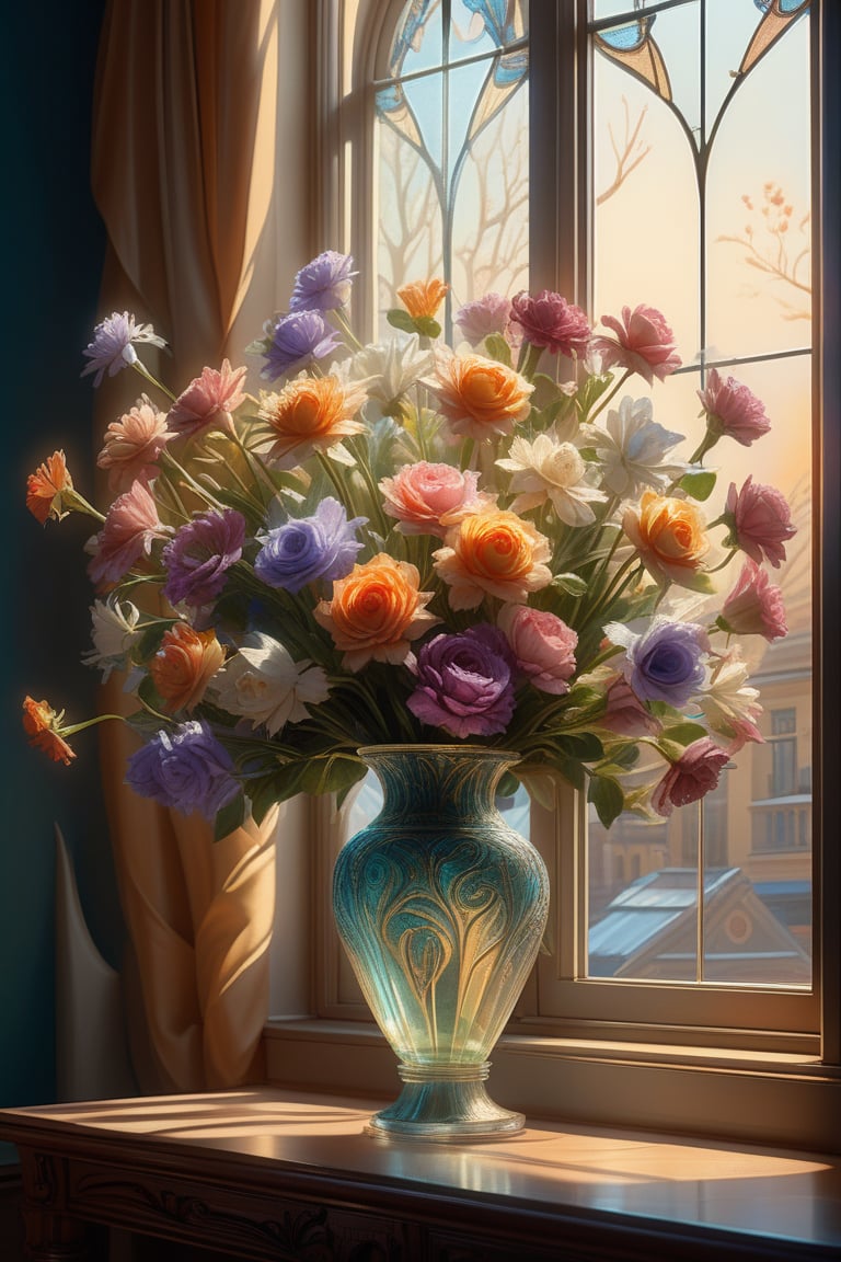 painting of a bouquet of flowers in vase, stunning detailed scene, ((window in background)), wide shot, bright soft diffused light, glow, digital painting, artstation, concept art, intricate, highly detailed, volumetric lighting, masterpiece, trending on Artstation, art by artgerm and greg rutkowski and alphonse mucha, hdr 4k, 8k