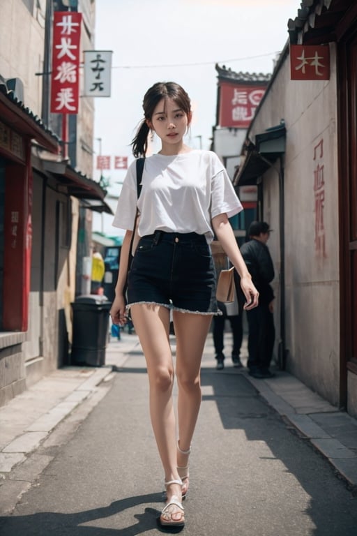 young asian lady walking in chinese street, hyper realistic, 4k