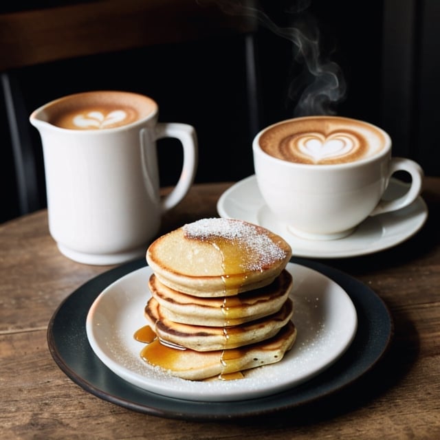 stacks of pancakes lie on a plate and are poured with maple syrup, steam over the pancakes, there is a cup of cappuccino on the table next to it, two berries are on a plate next to the pancakes, sun glare, professional colour grading, soft shadows, no contrast, clean sharp focus, food photography, bokeh, hyper-realistic photography, warm soft light,