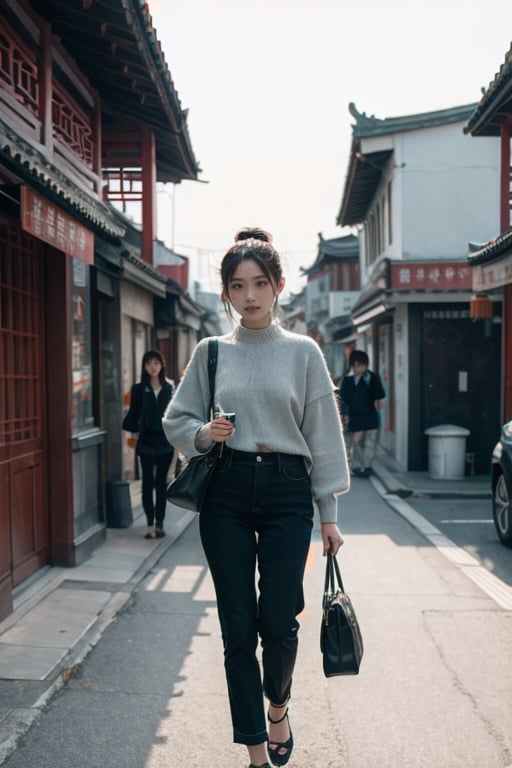 young asian lady walking in chinese street, hyper realistic, 4k