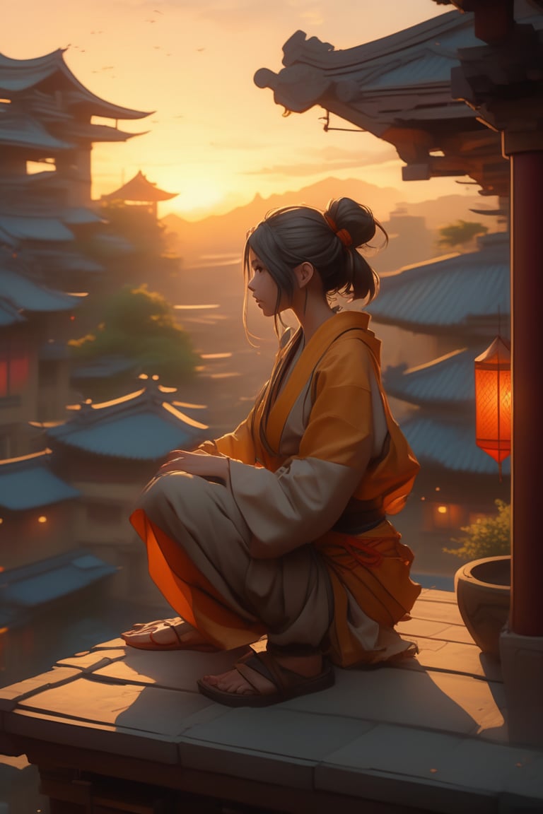 (masterpiece,best quality, ultra realistic,32k,RAW photo,detailed skin, 8k uhd, high quality:1.2), cubist artwork digital anime art in the style of netflix arcane, cute female shinobi sitting on an old oriental roof at golden hour, wlop, alphonse mucha, greg rutkowski, ilya kuvshinov, backlit . geometric shapes, abstract, innovative, revolutionary