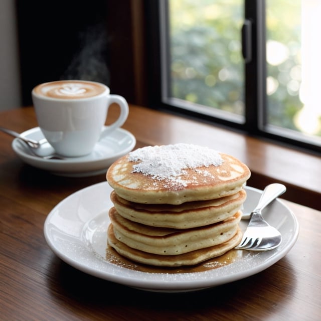 stacks of pancakes lie on a plate and are poured with maple syrup, steam over the pancakes, there is a cup of cappuccino on the table next to it, two berries are on a plate next to the pancakes, sun glare, professional colour grading, soft shadows, no contrast, clean sharp focus, food photography, bokeh, hyper-realistic photography, warm soft light,