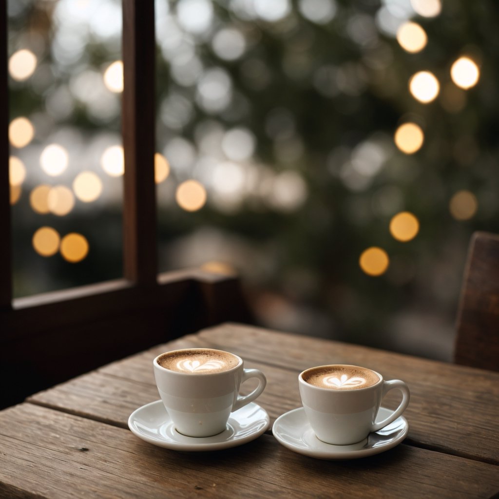 A white cup of coffee stands on a wooden table against the background of bokeh, lights, a beige book and a camomile lie nearby, beautiful atmospheric light, sharp-focus, high-quality, artistic, unique, attention to detail, realistic photography,