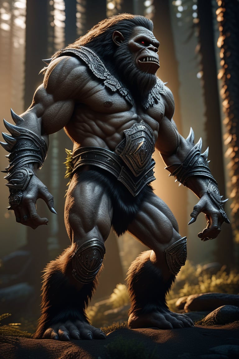 Bigfoot, Feral Ork in armor hyper realistic photograph, profile portrait, dark fantasy, magic, light flare intricate details unreal engine octane render, 8k