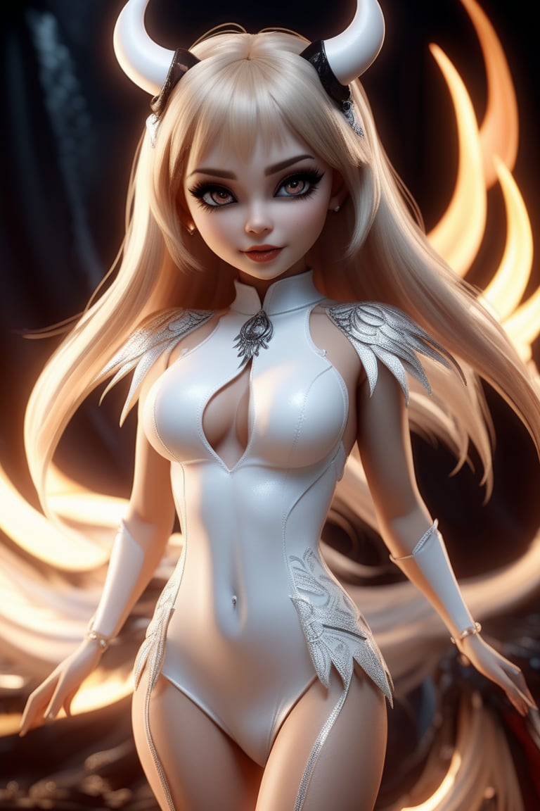 An amazing creature, incredibly cute appearance with a hellishly evil soul, in the style of good and evil, demonangel stripcore, white witchcraft, luminosity of background, fallingcore, hyper realistic and hyper detailed, stunning composition, hyper emotional, epic cinematic lighting, 32k UHD resolution, made by daz3d, DamShelma