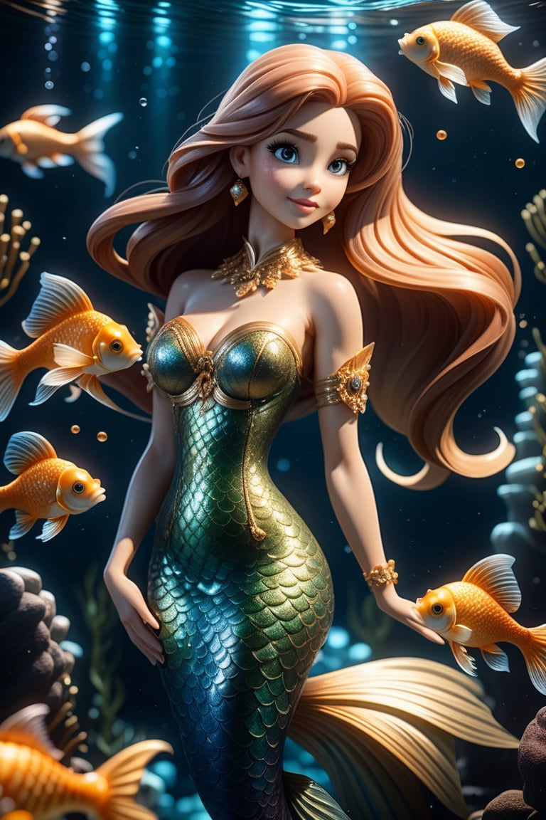 portrait of a beautiful mermaid. there are a lot of small goldfish around and against the background of marine life. the light barely breaks through the water column. Cinematic, 35mm, F/2.8, Vignette, 4k, Spotlight, Cinematic Lighting, insanely detailed and intricate, elegant, ornate, super detailed,