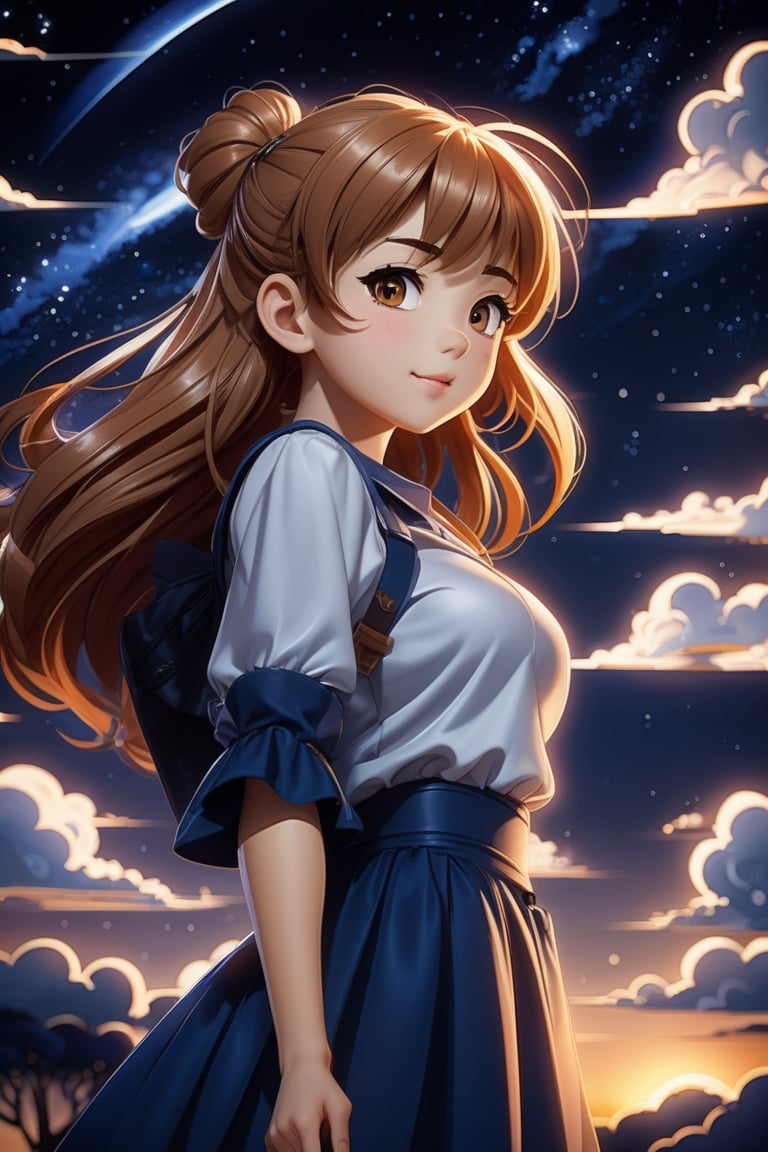 girl in light clothing, style artist oyari ashito, against the night sky, night, portrait, satisfaction, enjoyment, manga graphics, anime, drawing, dark exposure, bright colors, the highest quality, the highest detail, first-person view, dark tones, Clouds