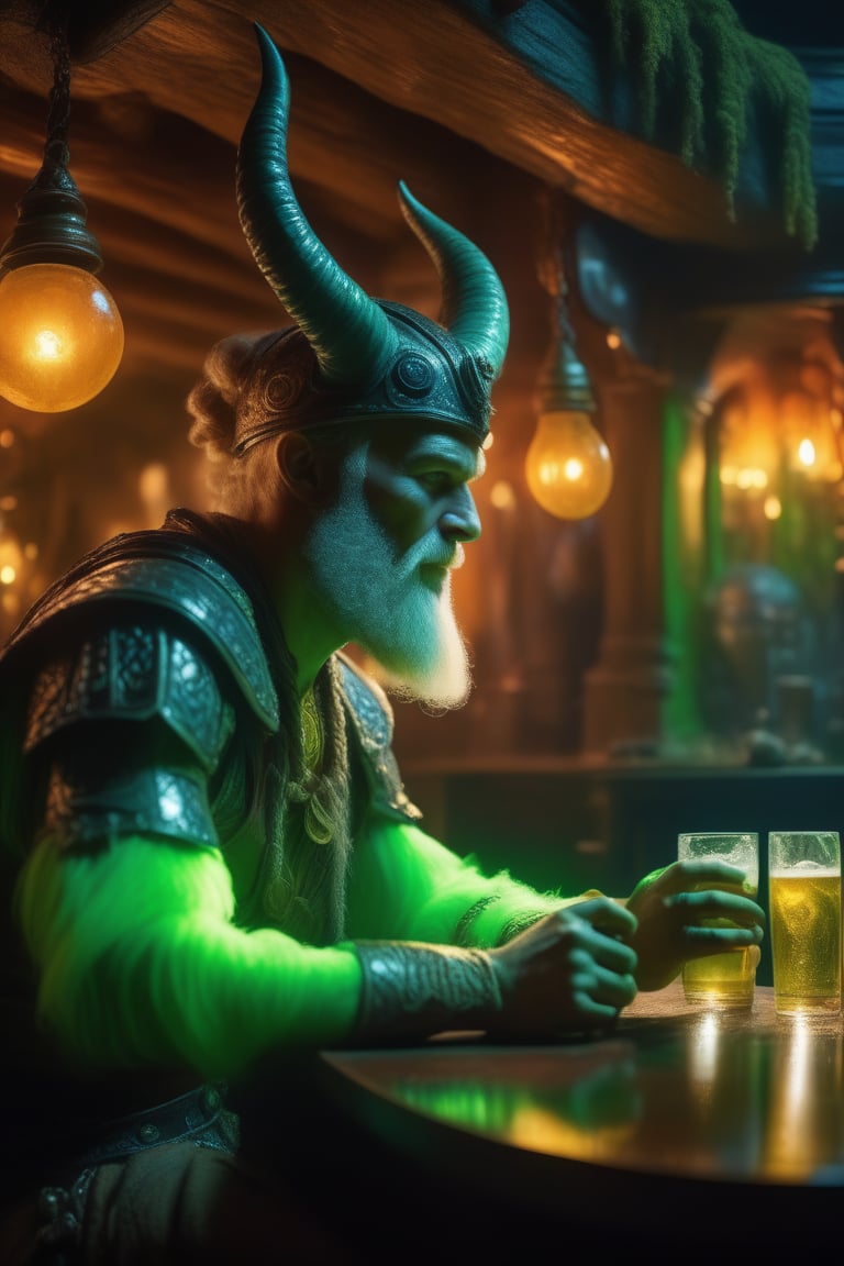 (masterpiece,best quality, ultra realistic,32k,RAW photo,detailed skin, 8k uhd, high quality:1.2), impressionist painting a space viking drinking green neon liquid in an alien tavern. art by ilya repin. . loose brushwork, vibrant color, light and shadow play, captures feeling over form