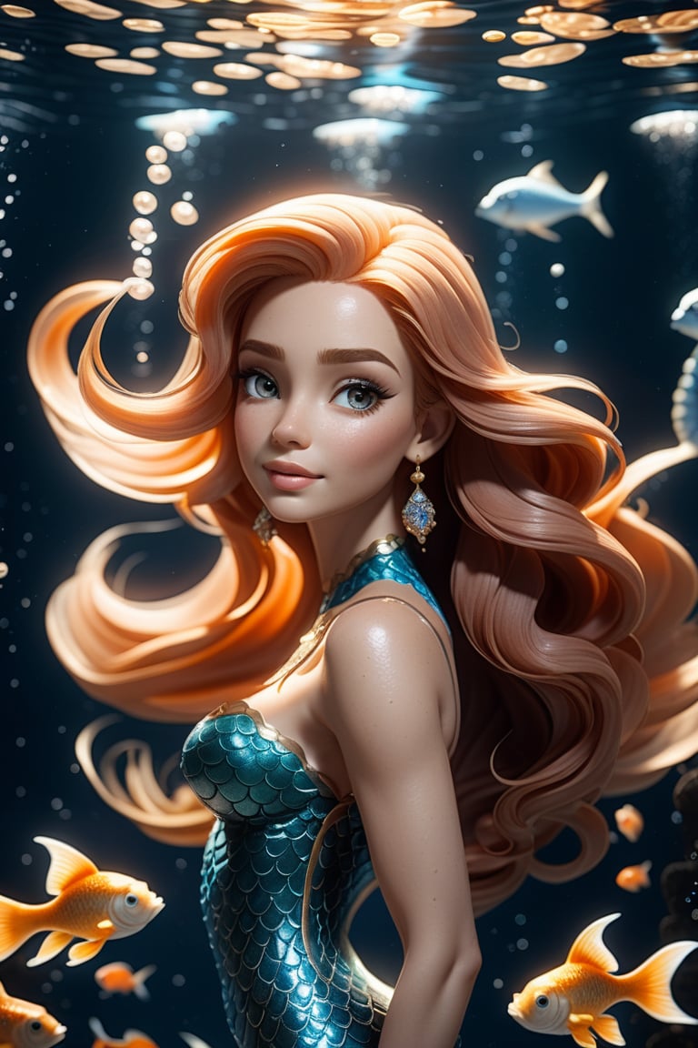 portrait of a beautiful mermaid. there are a lot of small goldfish around and against the background of marine life. the light barely breaks through the water column. Cinematic, 35mm, F/2.8, Vignette, 4k, Spotlight, Cinematic Lighting, insanely detailed and intricate, elegant, ornate, super detailed,