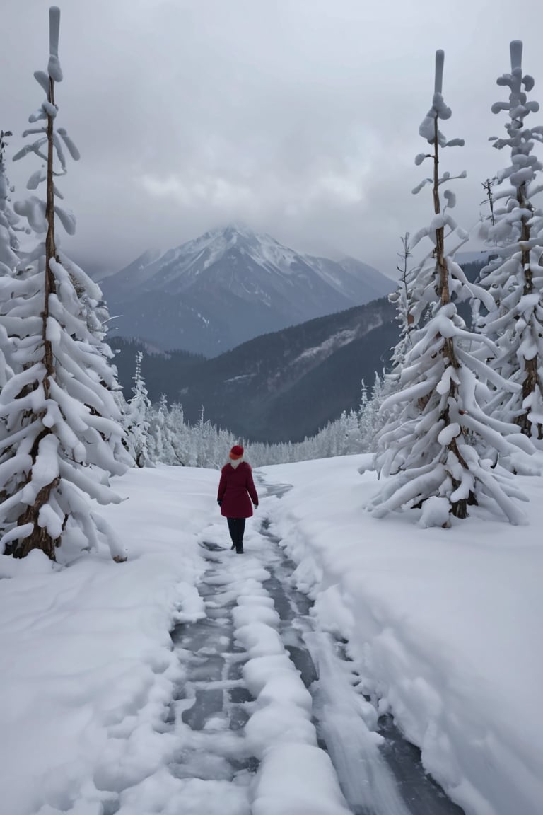  In the vast Arctic, a giant skeleton lies frozen in snow, as a woman in a red parka walks towards it, leaving a trail of footprints.