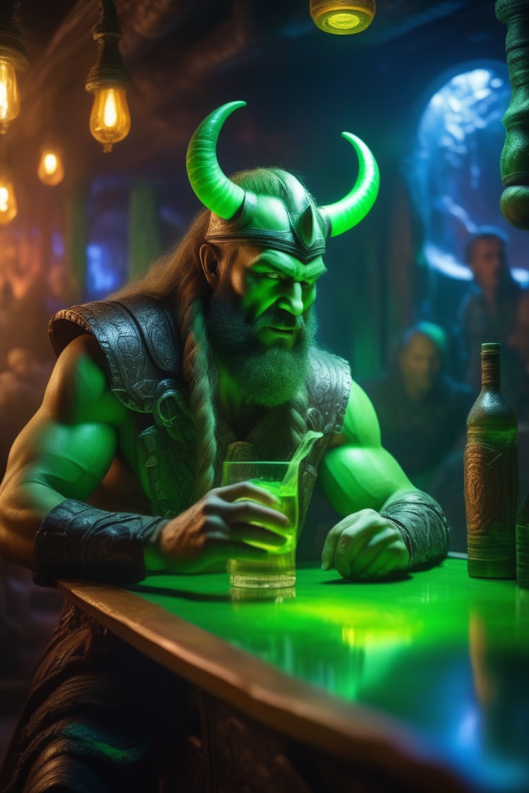(masterpiece,best quality, ultra realistic,32k,RAW photo,detailed skin, 8k uhd, high quality:1.2), impressionist painting a space viking drinking green neon liquid in an alien tavern. art by ilya repin. . loose brushwork, vibrant color, light and shadow play, captures feeling over form