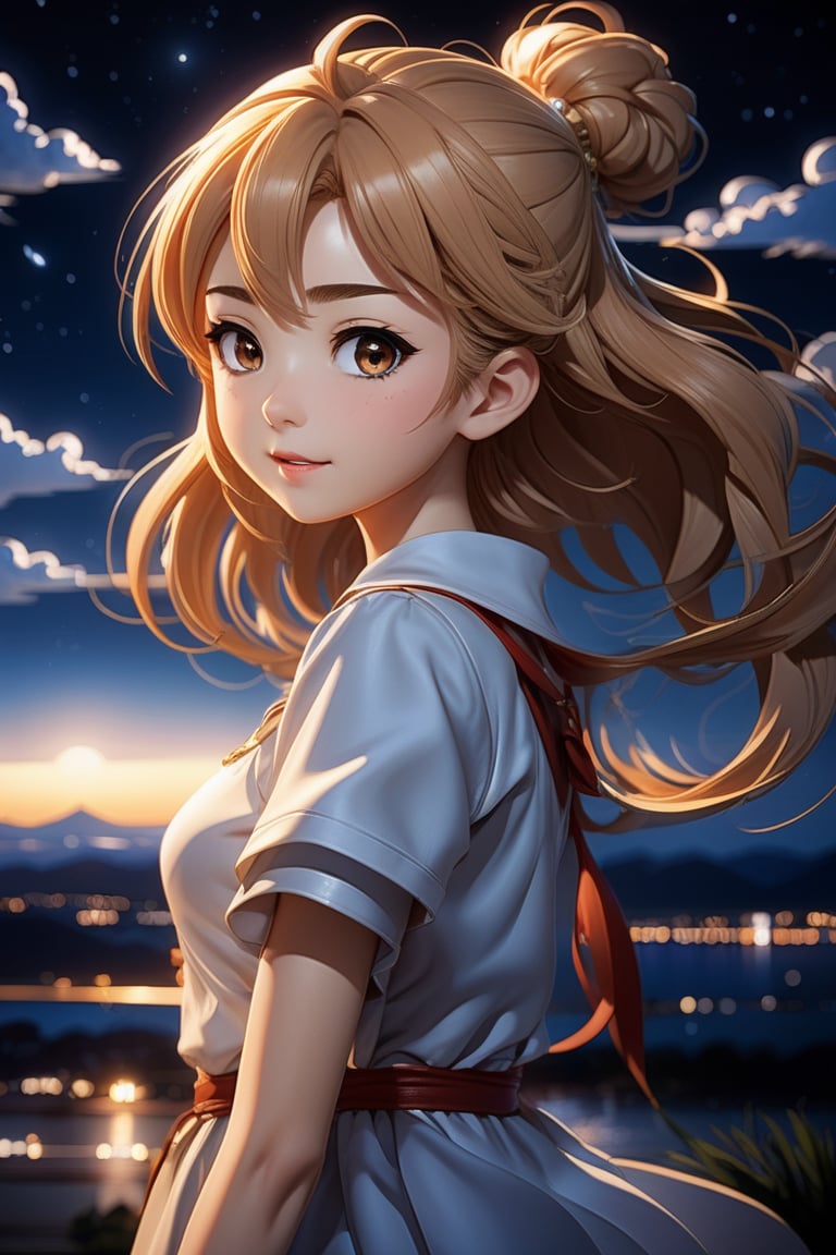 girl in light clothing, style artist oyari ashito, against the night sky, night, portrait, satisfaction, enjoyment, manga graphics, anime, drawing, dark exposure, bright colors, the highest quality, the highest detail, first-person view, dark tones, Clouds