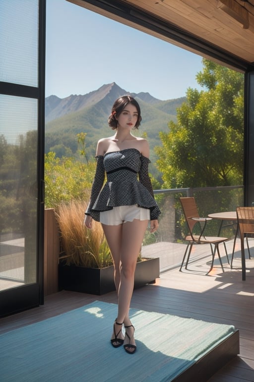 (masterpiece,best quality:1.6), Bare shoulder, summer day, (Deco :1.3), (art by Scholastic Corporation :1.2),(Interior Design:1.1),(lady,Peplum top,🧖‍♀️:1.2), Mountain range,🌸,🌳, cybernetic robot undefined . android, AI, machine, metal, wires, tech, futuristic, highly detailed