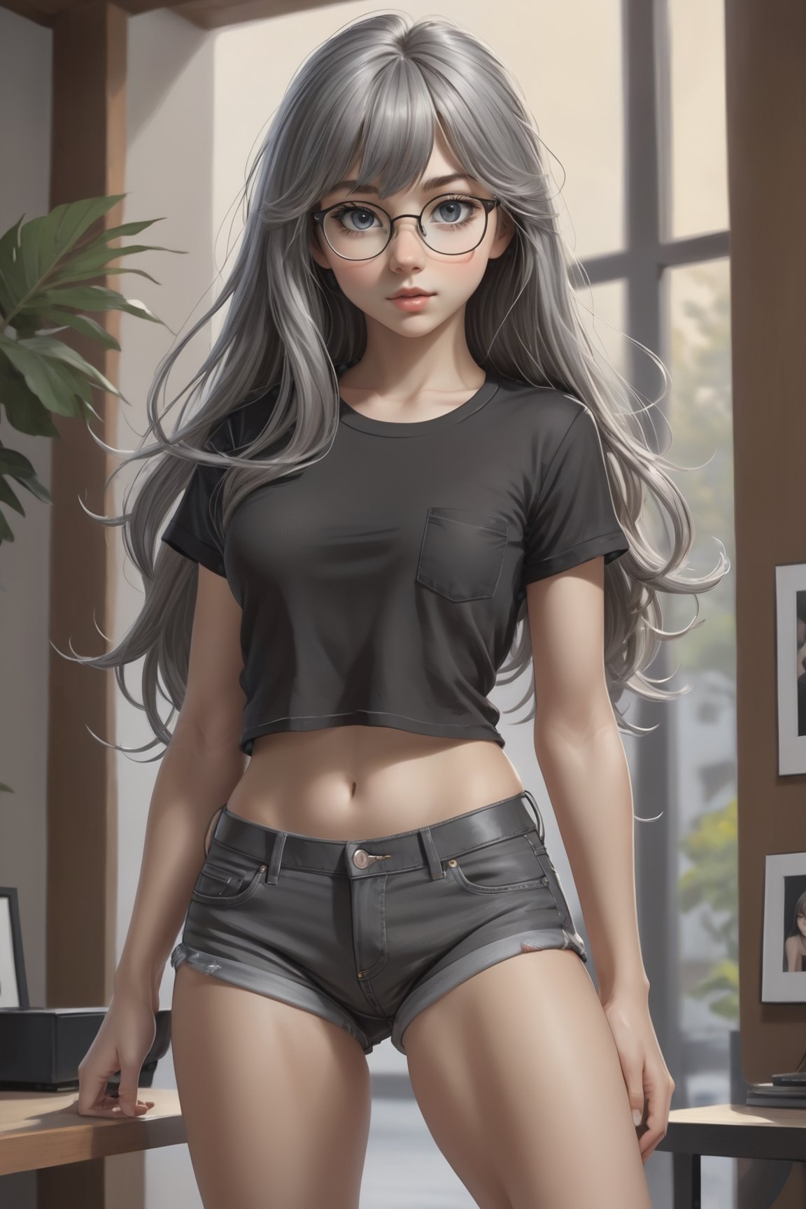 Poster of a cute ((18 year old girl:1.5)), petite girl, whole body, very long hair, bangs, ((grey hair:1.3)), (Grey eyes), with glasses beautiful girl with fine details, Beautiful and delicate eyes, detailed face, Beautiful eyes, ((realism: 1.2 )), mini black t-shirt underboob, sexy mini black shorts jeans, (full body:1.5), ((perky breasts:0.5)), erotic pose, sexy pose, seductive_pose, barely open legs,