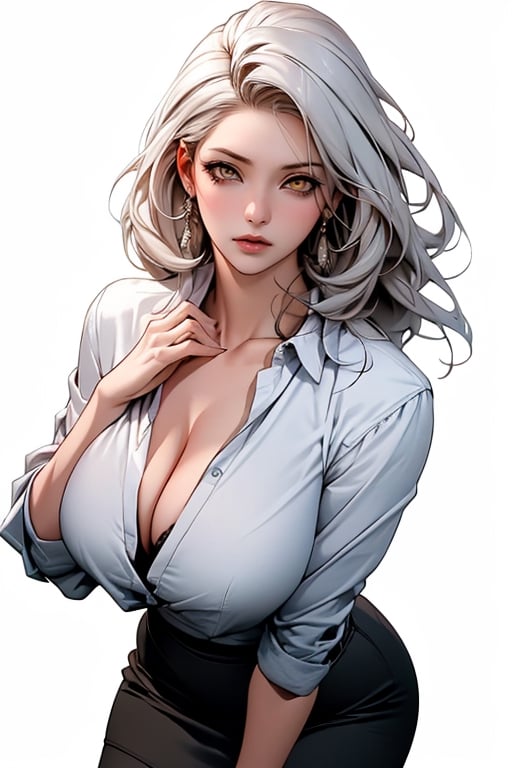 (Masterpiece), (Realistic), (Excellent), (Super Detailed), Awesome, Korean office girl, 28 years old, (wearing black shirt 1.2) blue and a woman in a black tight skirt with an unwilling expression, slightly parted lips, exquisite eye makeup, a slightly chubby figure, collarbones, big breasts, cleavage, medium-long hair, white hair, (white background), silhouette, yellow eyes, 