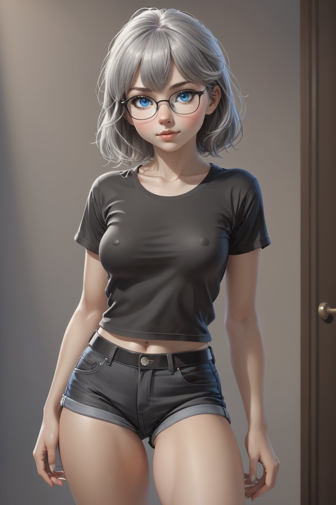 Poster of a cute ((18 year old girl:1.5)), petite girl, whole body, bangs, ((grey hair:1.3)), (blue eyes), with glasses beautiful girl with fine details, Beautiful and delicate eyes, detailed face, Beautiful eyes, ((realism: 1.2 )), mini black t-shirt underboob, sexy mini black shorts jeans, (full body:1.5), ((perky breasts:0.5)), erotic pose, sexy pose, seductive_pose, barely open legs,