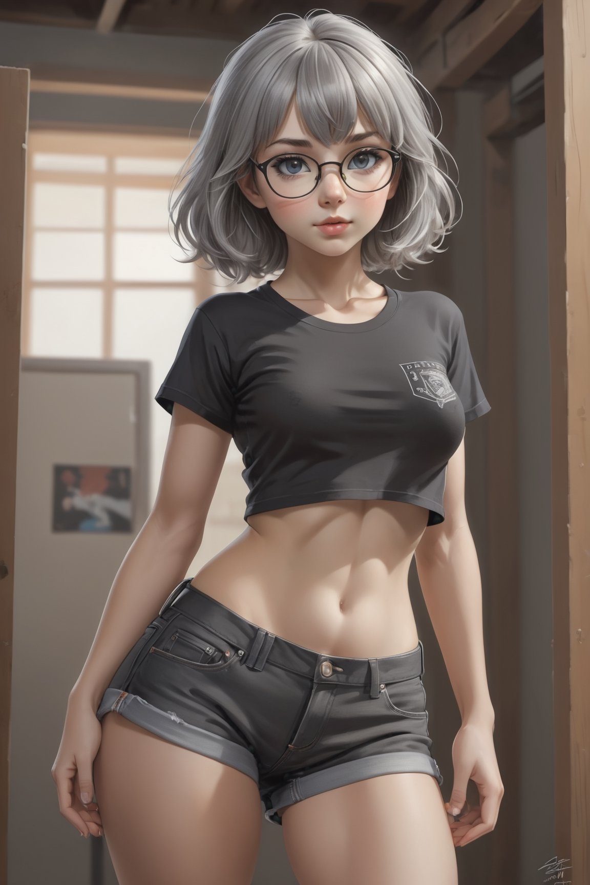 Poster of a cute ((18 year old girl:1.5)), petite girl, whole body, bangs, ((grey hair:1.3)), (Grey eyes), with glasses beautiful girl with fine details, Beautiful and delicate eyes, detailed face, Beautiful eyes, ((realism: 1.2 )), mini black t-shirt underboob, sexy mini black shorts jeans, (full body:1.5), ((perky breasts:0.5)), erotic pose, sexy pose, seductive_pose, barely open legs,