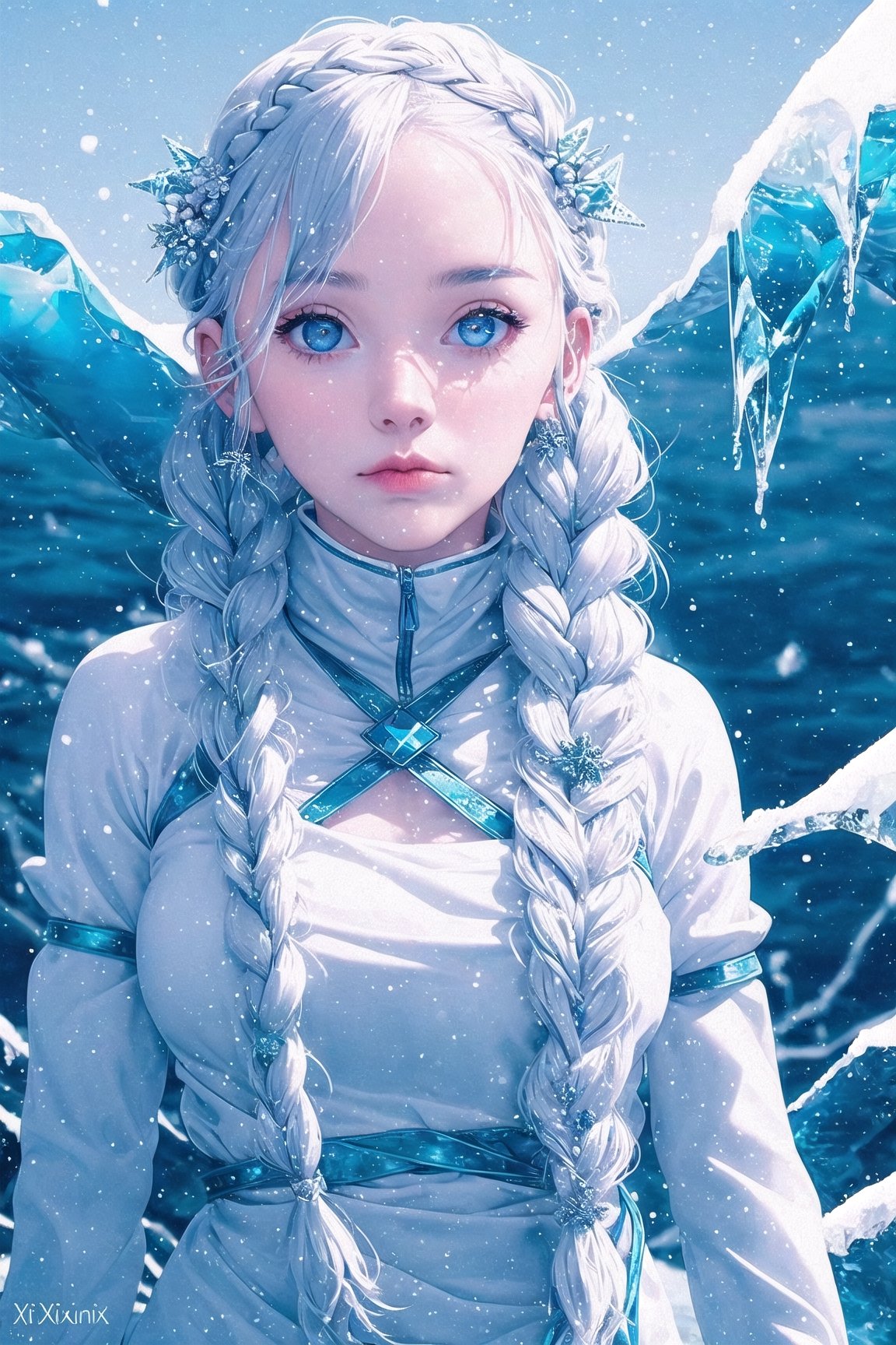 Arctic explorer woman, frostbitten skin, icicle-white braided hair. Eyes, glacial blue depths, witnessing polar mysteries. Lips, chilled berry, narrating tales of the cold. xxmix_girl, detailed eyes,FUJI