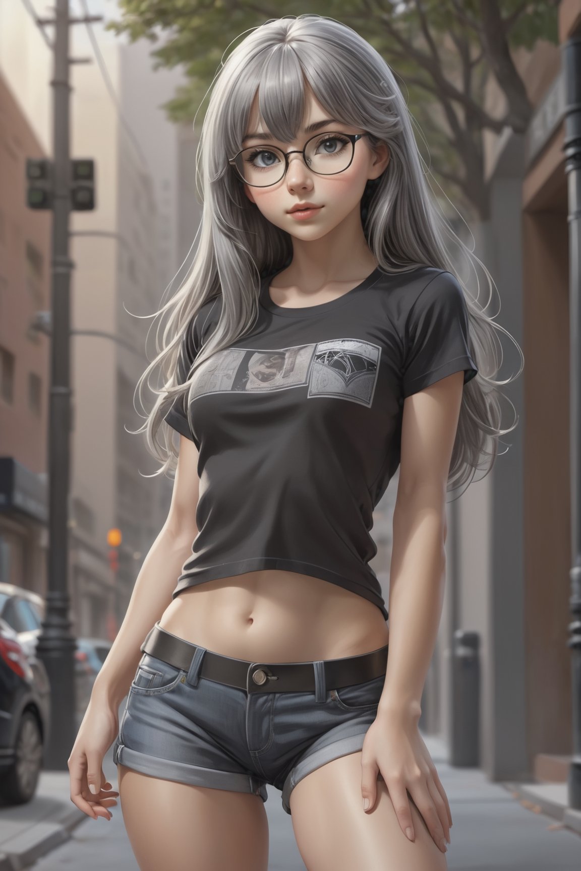 Poster of a cute ((18 year old girl:1.5)), petite girl, whole body, very long hair, bangs, ((grey hair:1.3)), (Grey eyes), with glasses beautiful girl with fine details, Beautiful and delicate eyes, detailed face, Beautiful eyes, ((realism: 1.2 )), mini black t-shirt underboob, sexy mini black shorts jeans, (full body:1.5), ((perky breasts:0.5)), erotic pose, sexy pose, seductive_pose, barely open legs,
