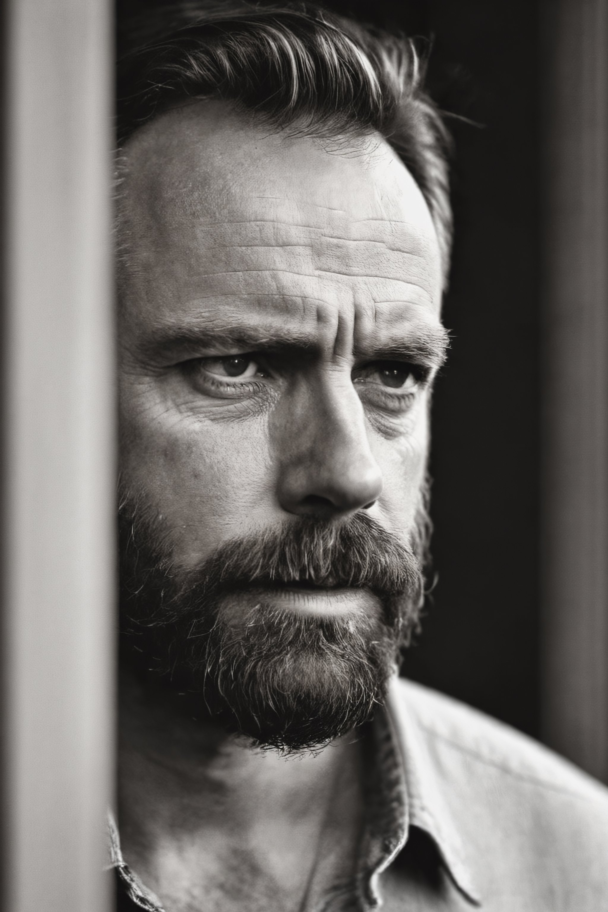 The image shows a close-up of a man with a beard and dark hair. He appears to be pensive or contemplative. The photo is taken in black and white, which accentuates the man's serious expression and adds a timeless character to the scene. The man's facial hair is prominent, and his eyes are deep and focused. He is standing in front of a window, which might suggest that he is indoors or in a well-lit environment. Overall, the image captures a moment of quiet introspection of the man with a concentrated gaze





