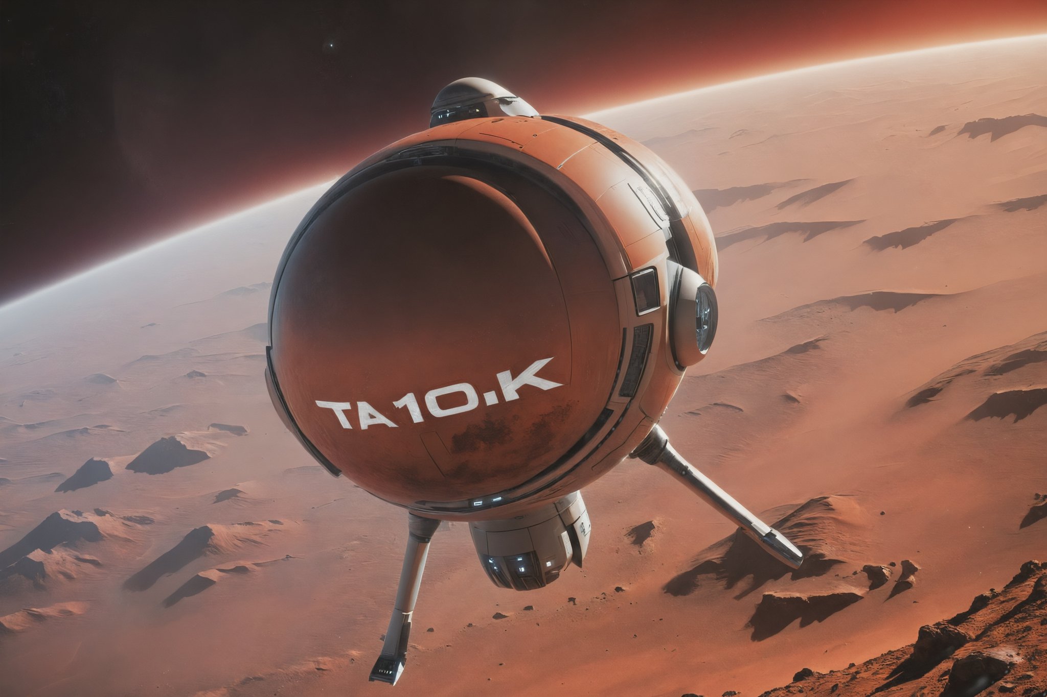 Text "(TA 10K:1.4)" written on the exterior of a futuristic spacecraft approaching the atmosphere of a red planet,Landskaper,EpicSky