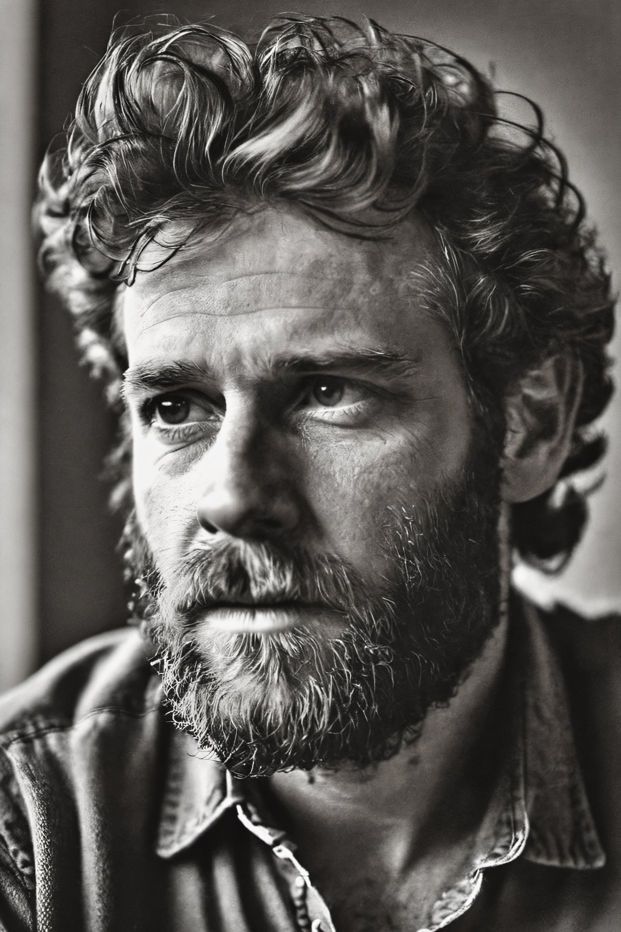 The image is a black and white photo of a man with long, curly hair and a beard. He appears to be looking off into the distance, deep in thought or observing something. The man's hair is disheveled, adding a sense of realism and character to the photograph. The photo is slightly blurry, giving it a more artistic and nostalgic feel. It seems to have been taken with an older camera or intentionally edited to achieve the desired effect. Overall, the image captures a moment in time, showcasing the man's unique appearance and demeanor





