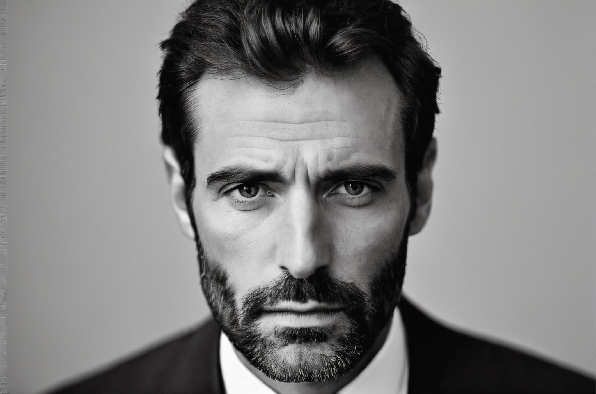 Generate an image that captures the essence of this description: The image is a black and white photo of a man with a serious expression on his face, looking directly into the camera. He has a thin beard and appears to be well-dressed. The man's gaze is fixed and intense, as if he is staring into the depths of space or contemplating something important. The overall mood of the image is quite serious and contemplative. The lack of color in the photograph adds to the dramatic effect and draws attention to the subject's facial expression and demeanor





