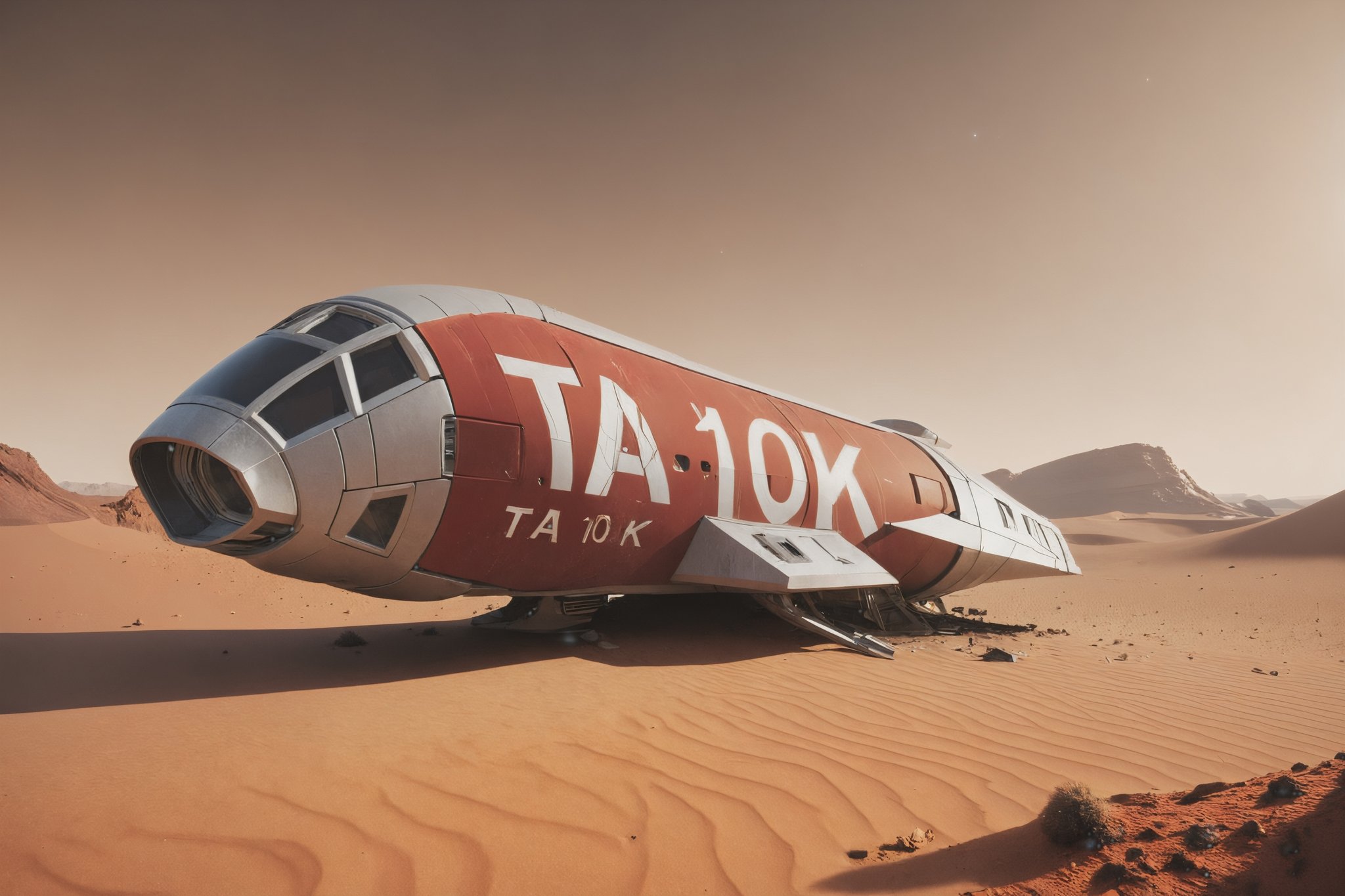 Text "(TA 10K:1.4)" written on the exterior of a futuristic spacecraft crashed in a desert on a red planet. ,Landskaper