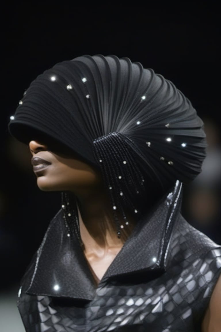 A black woman wearing an avant-garde style diamond-encrusted slinky hat 