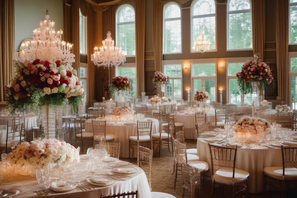  High-quality, masterpiece, painting, of a fairytale, glamorous wedding at a waterfront mansion. A soft color palette, crystal chandeliers, red roses, large floral arrangements, ornate decor pieces, and a tall flower-adorned wedding cake.